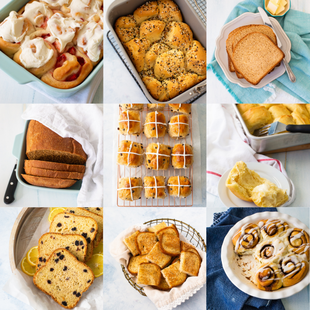 A photo collage of 9 different kinds of homemade breads.