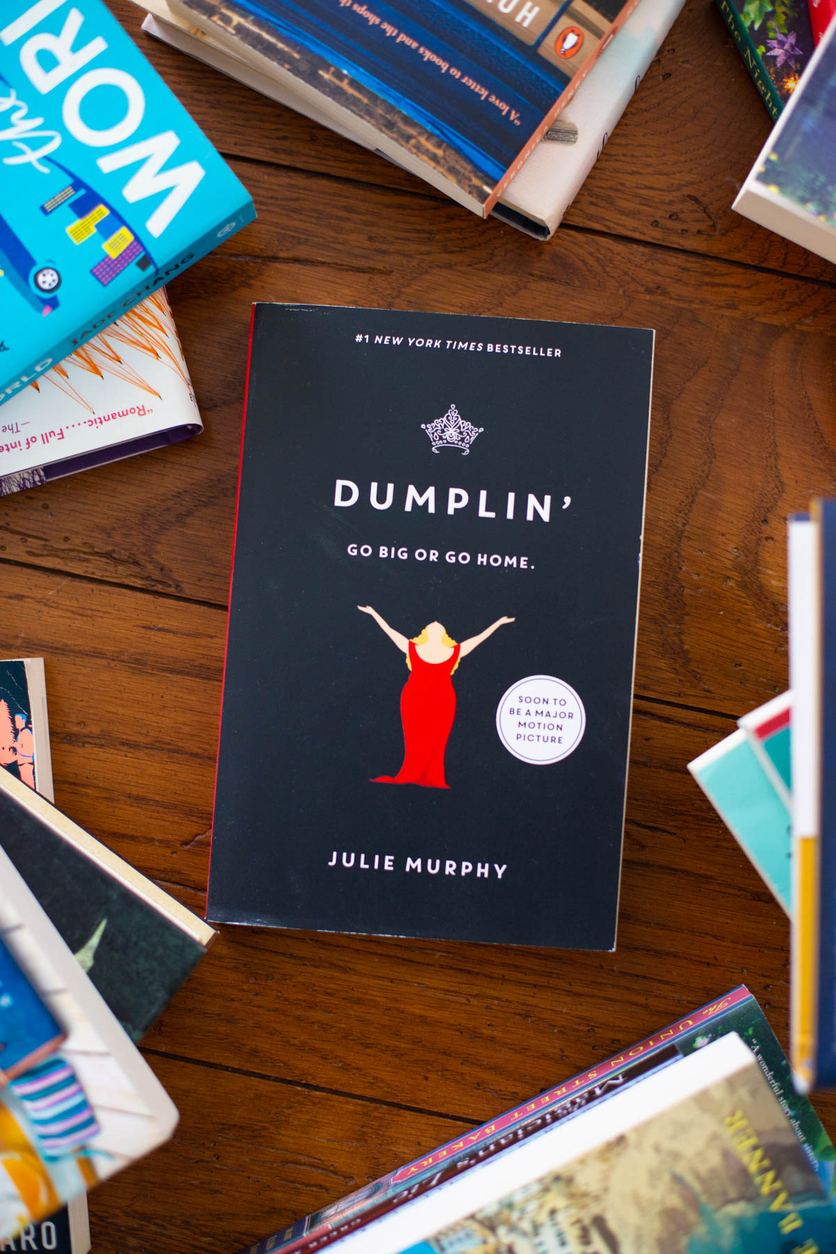 A copy of the book Dumplin sits on a table.