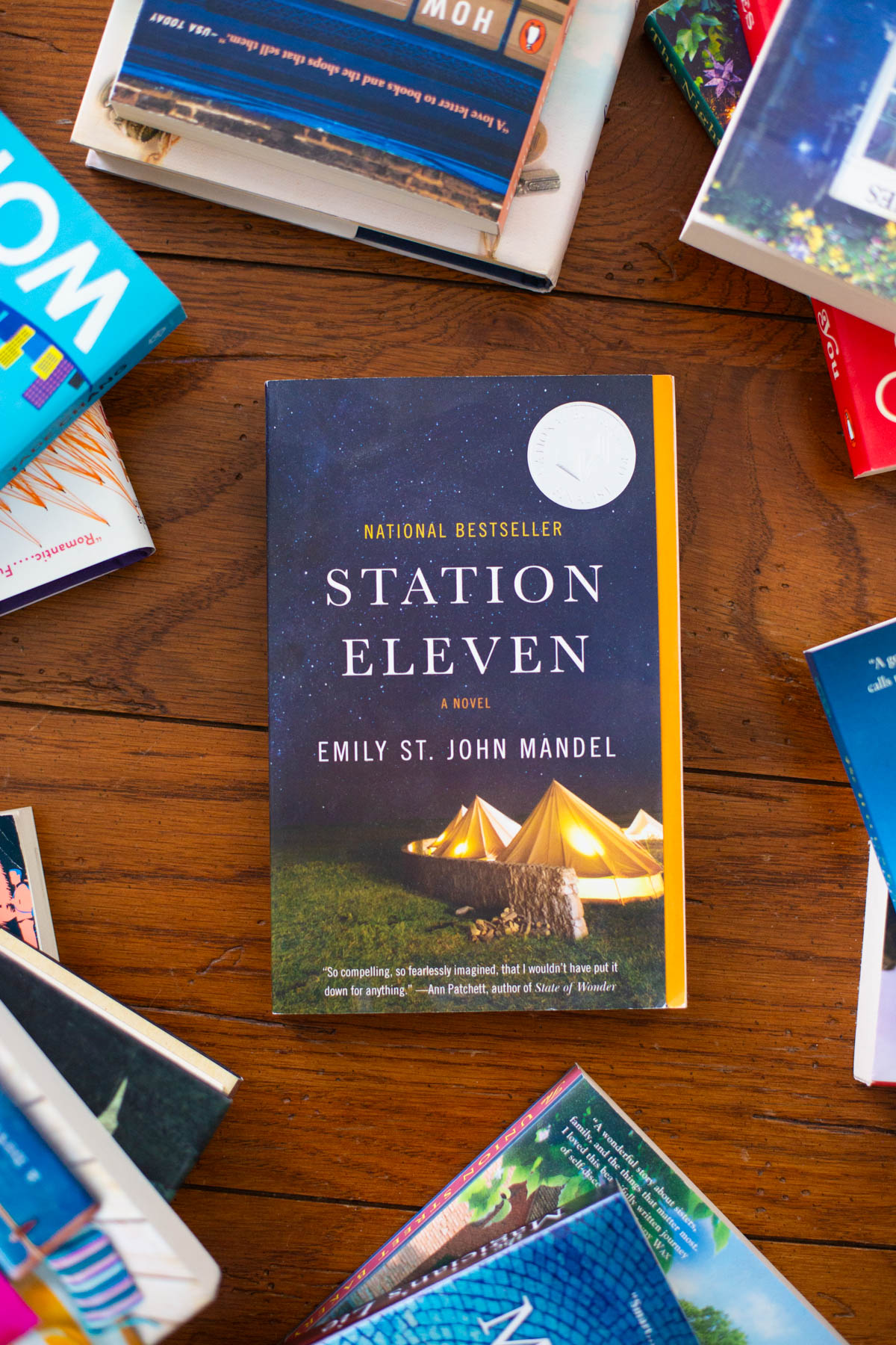 A copy of the book Station Eleven is on the table.