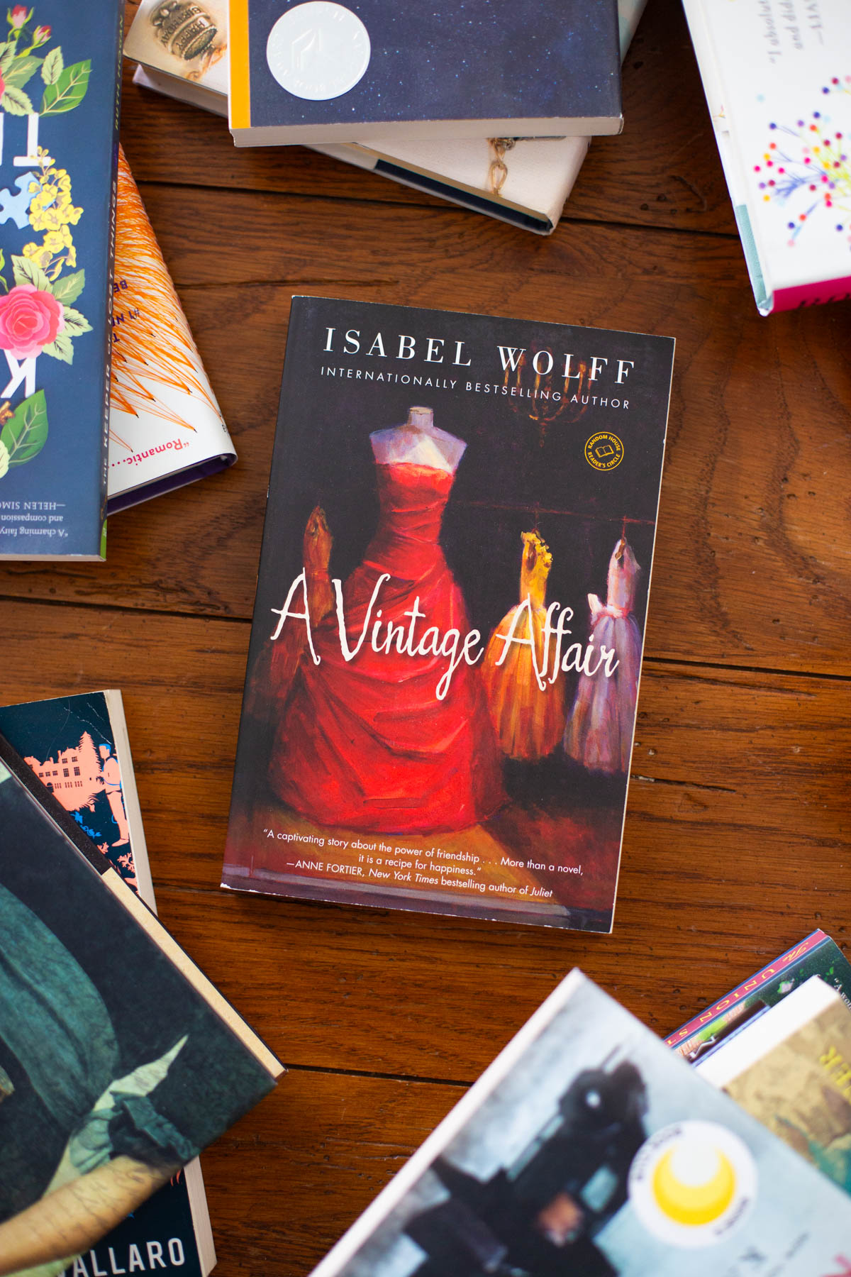 A copy of the book A Vintage Affair is on a table.