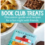 A kitchen counter has several book club snacks and a copy of the book pick of the month.