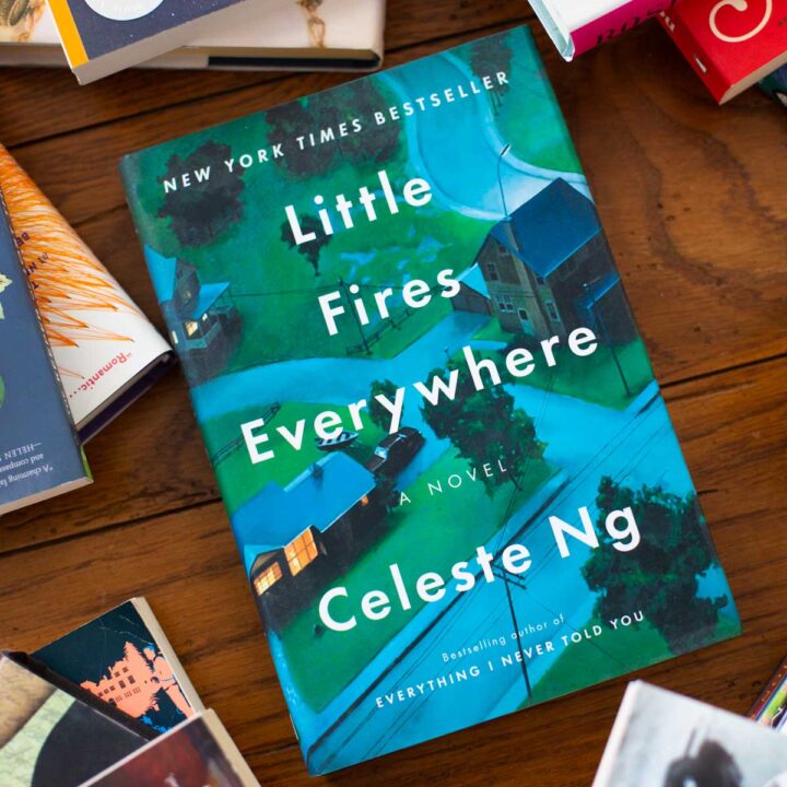 A copy of Little Fires Everywhere sits on the table.