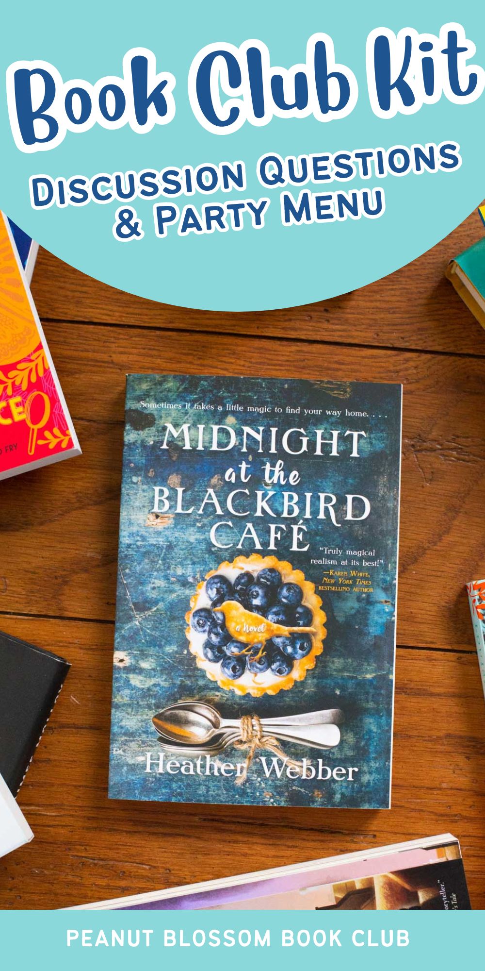 A copy of the book Midnight at the Blackbird Cafe is on the table.