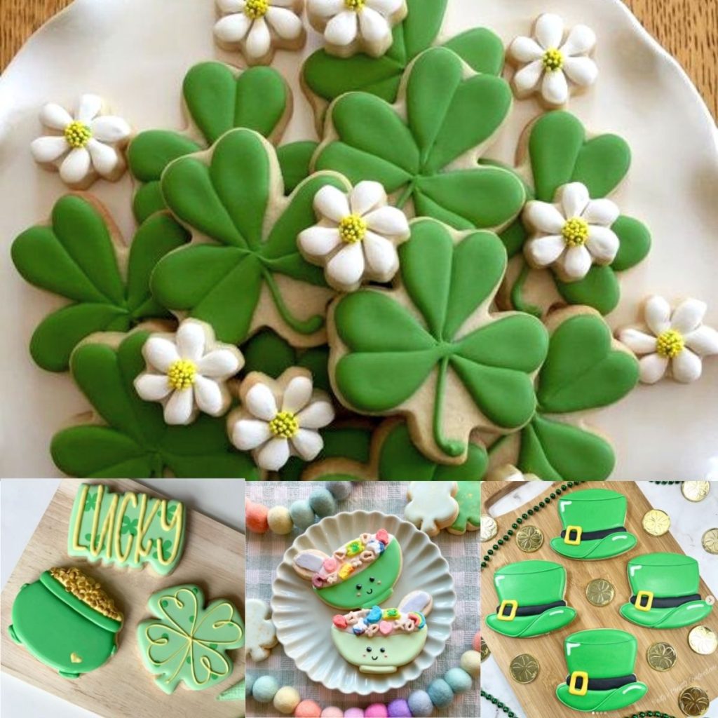A collage of cute sugar cookies decorated for St. Patrick's Day.