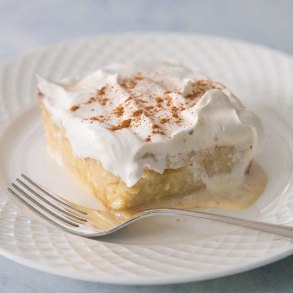 A square slice of tres leches cake with cinnamon sprinkled on top sits on a white plate.