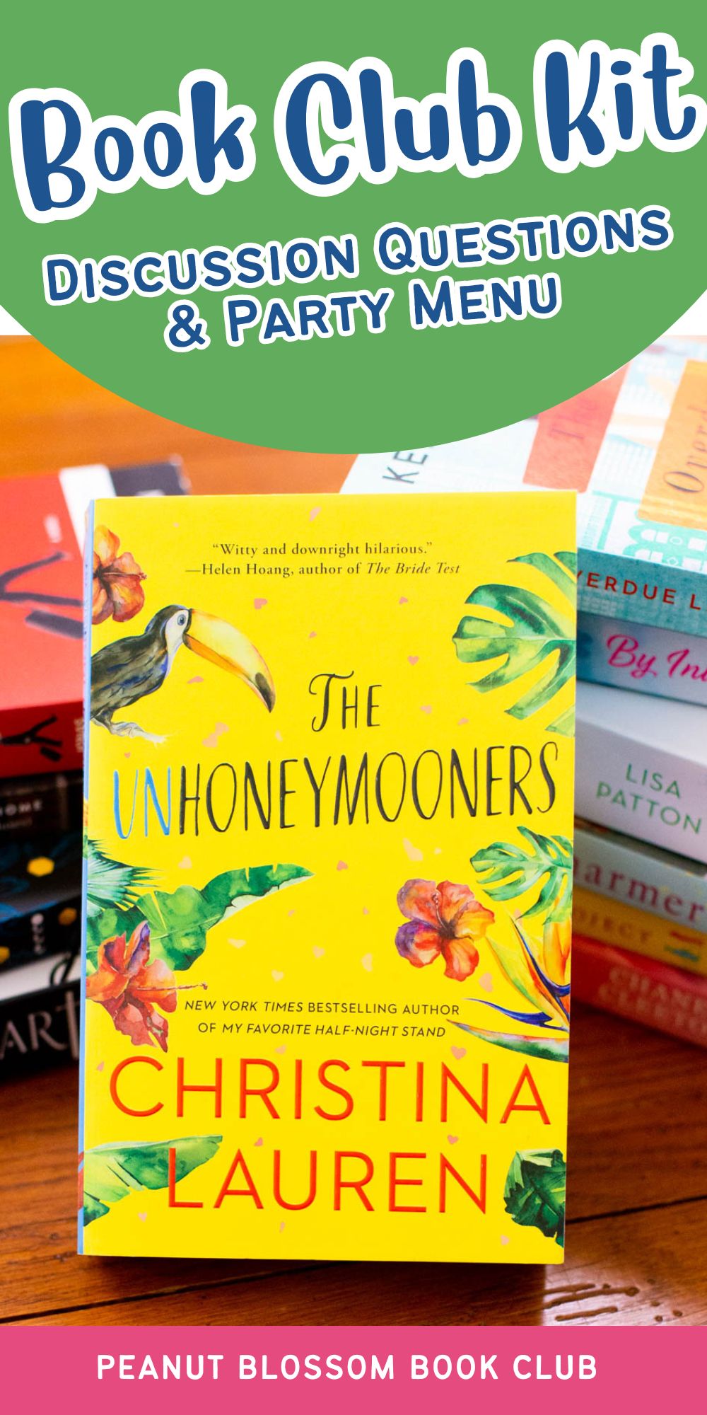 A copy of the romance book The Unhoneymooners is on the table.