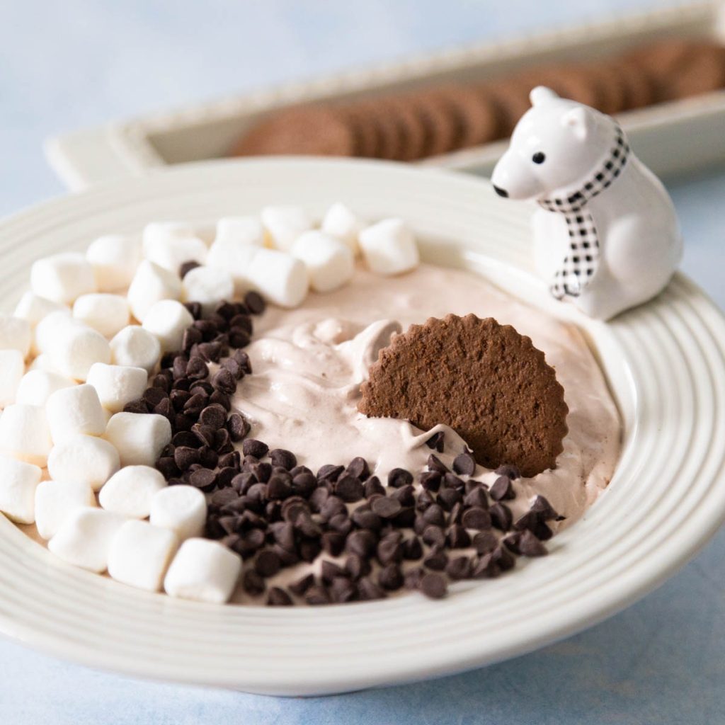 A bowl of chocolate dip has marshmallows and chocolate chips on top.