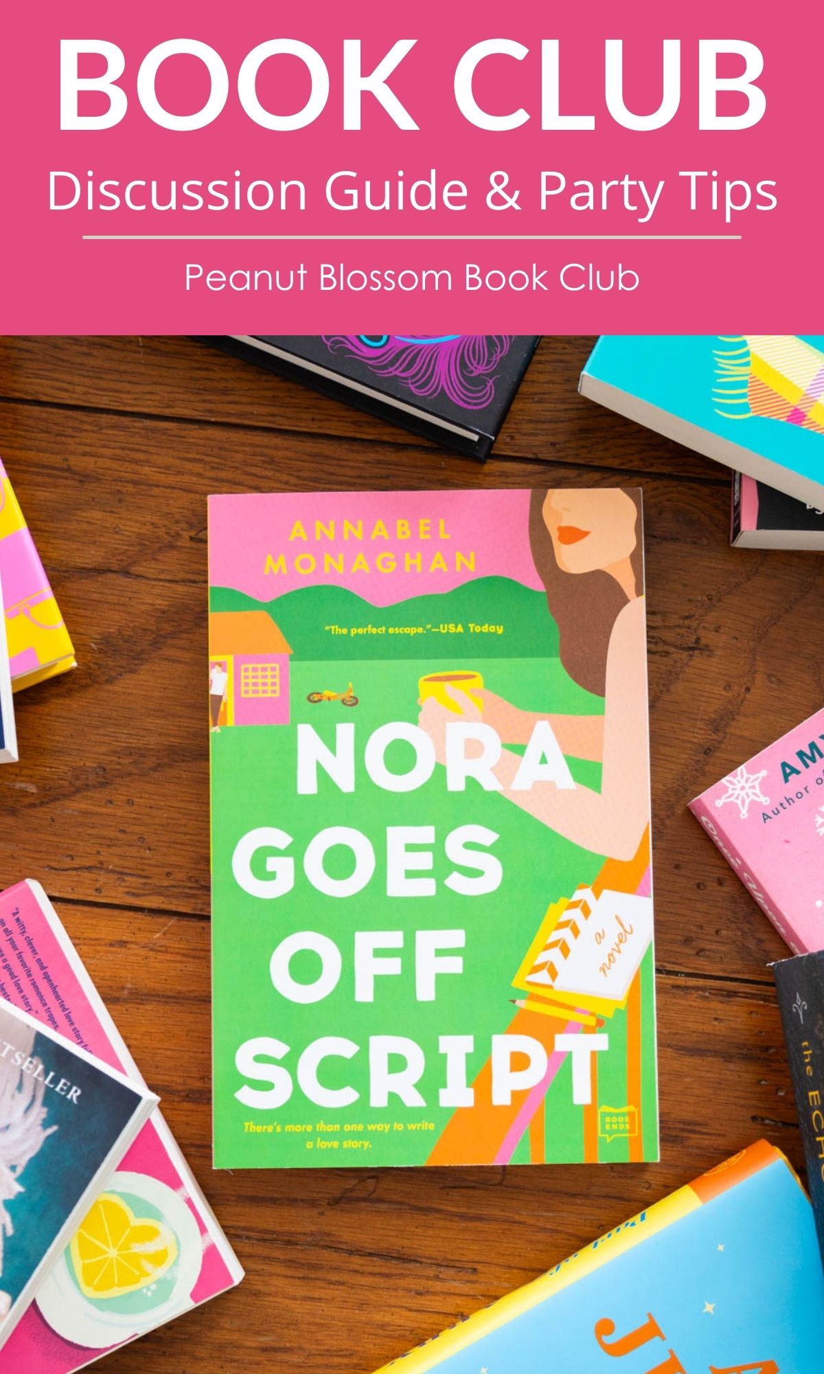 A copy of the book Nora Goes Off Script is on the table.