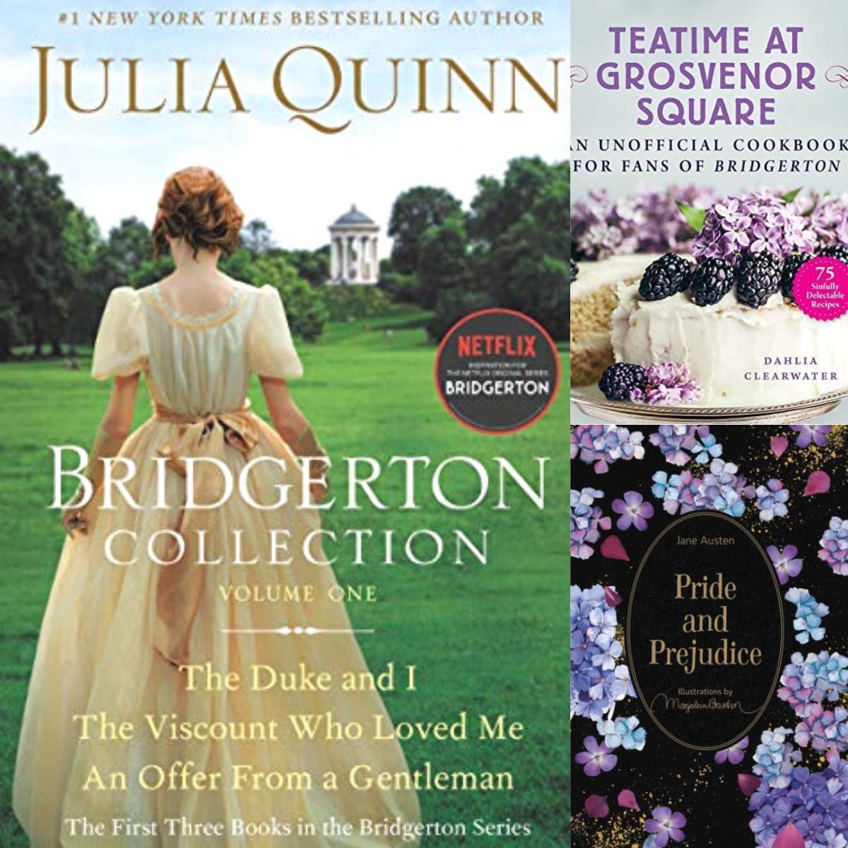 The Bridgerton book cover next to a tea party cookbook and a Jane Austen novel.