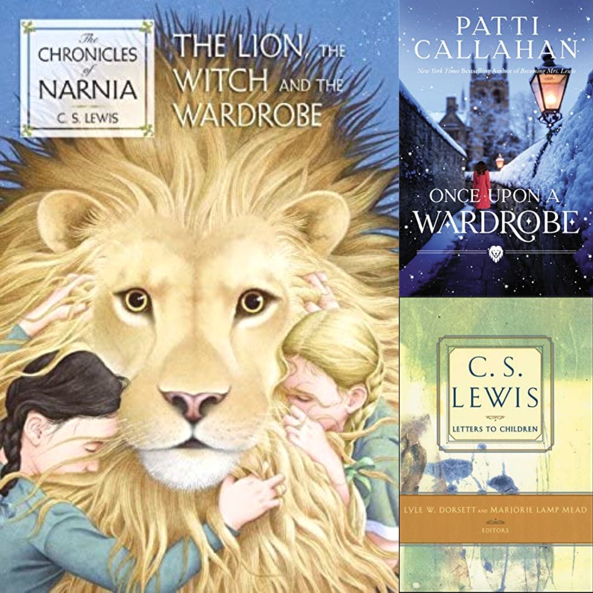 The Lion, the Witch, and the Wardrobe book cover in a collage next to two more books about C.S. Lewis.