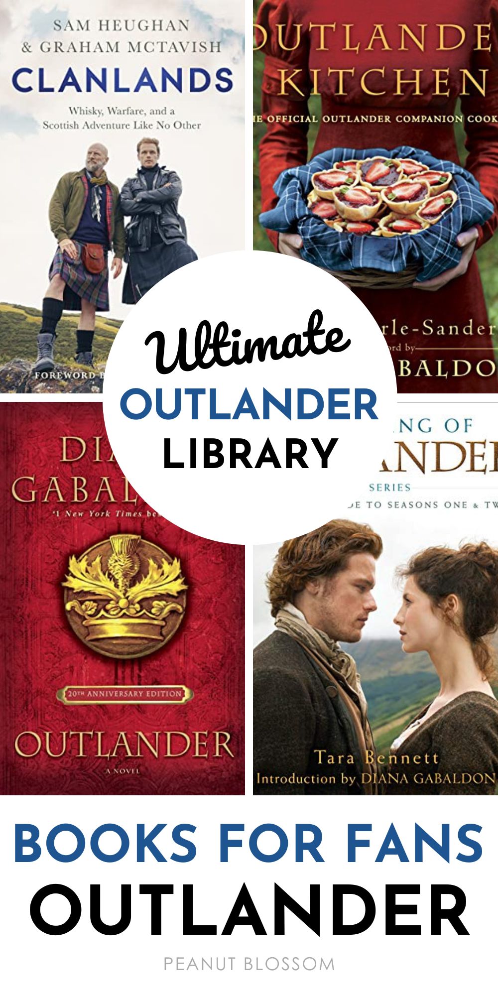 A collage of 4 pictures showing books based off of the Outlander series