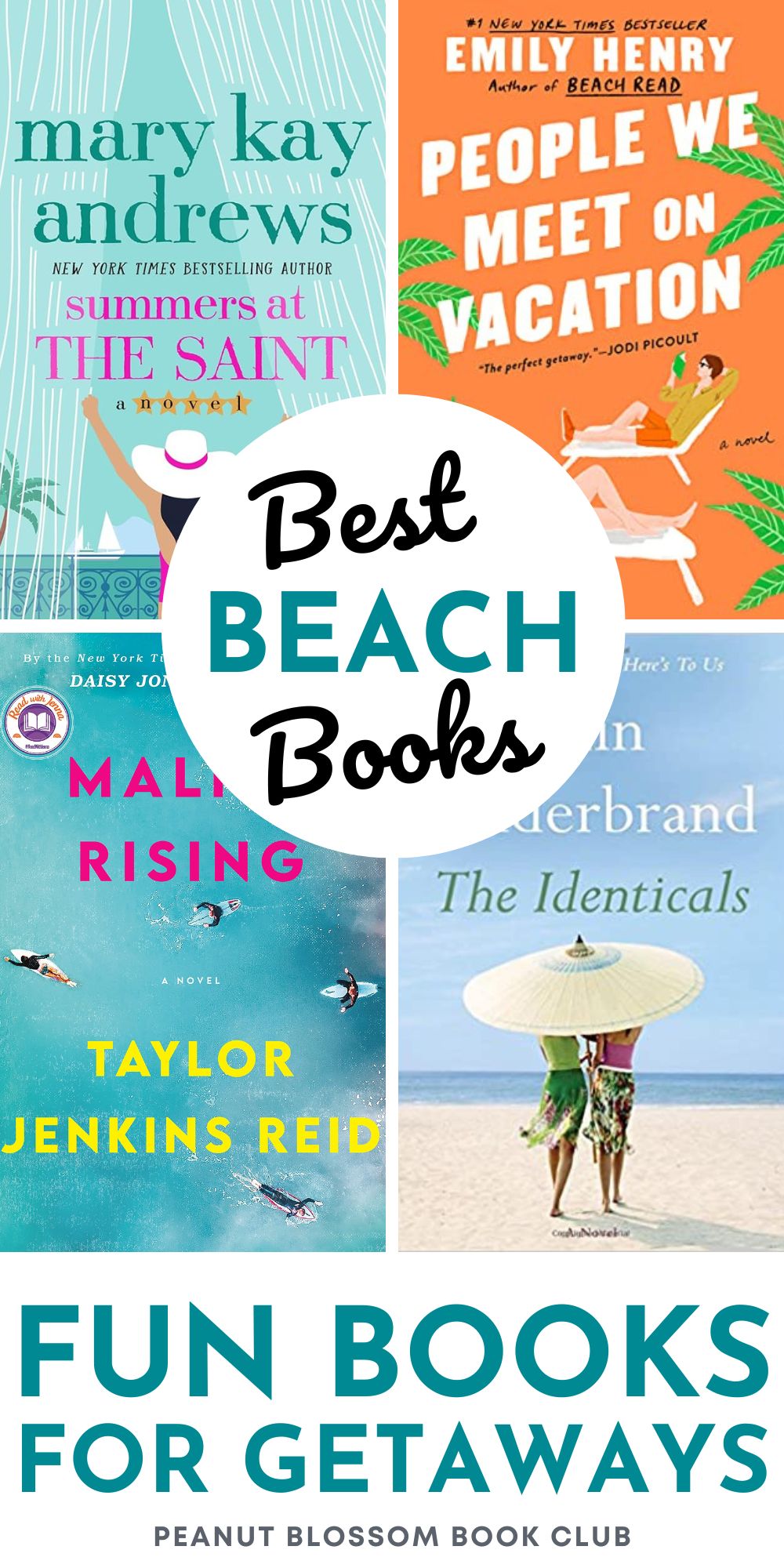 The photo collage shows four books to read at the beach.