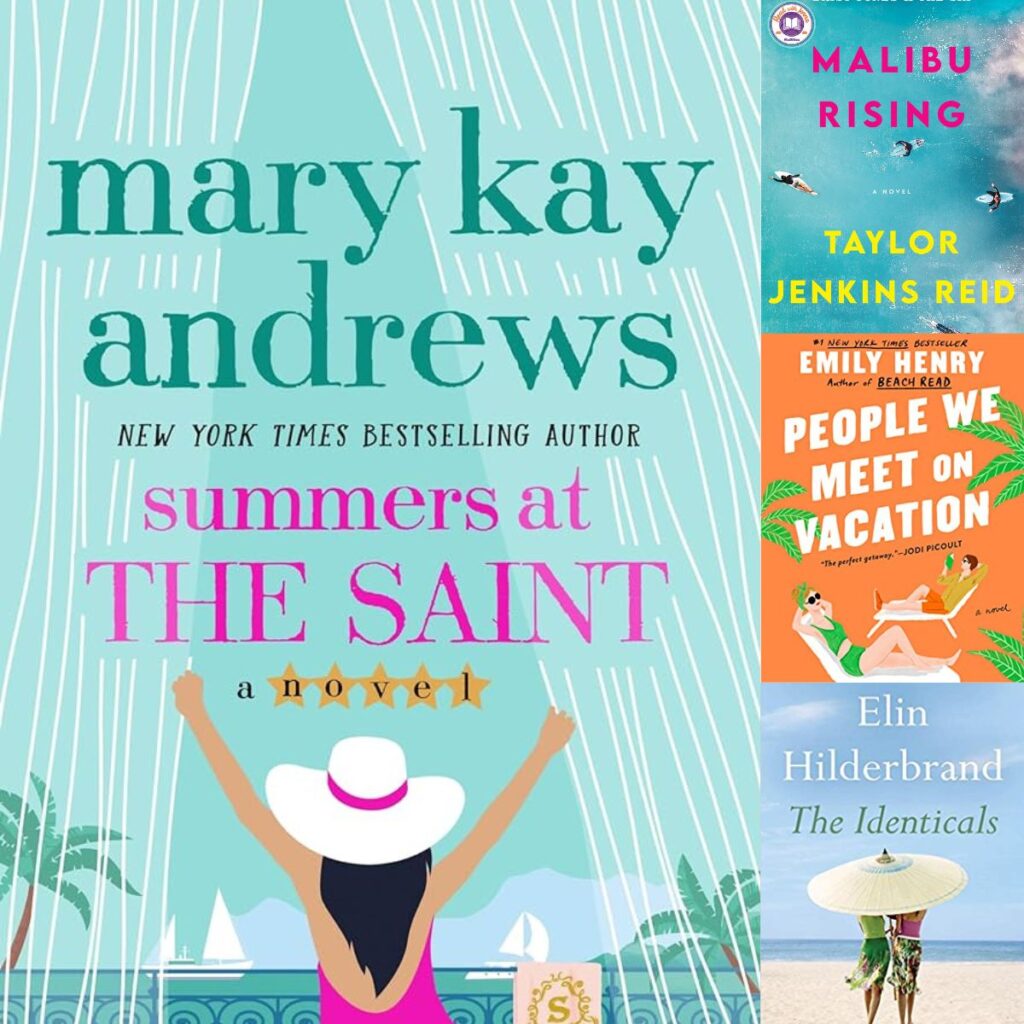 The photo collage shows the covers of four books to read at the beach.
