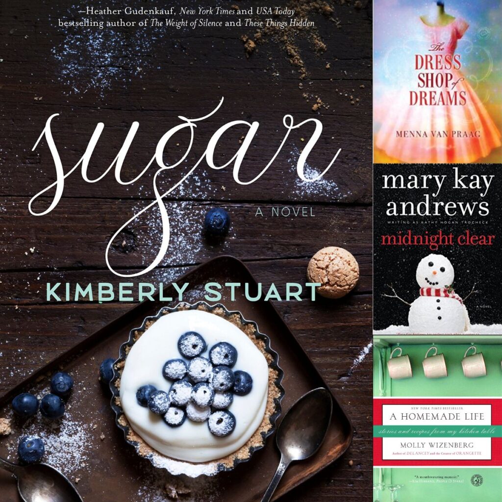 The photo collage shows four book club books for December that are not Christmasy.