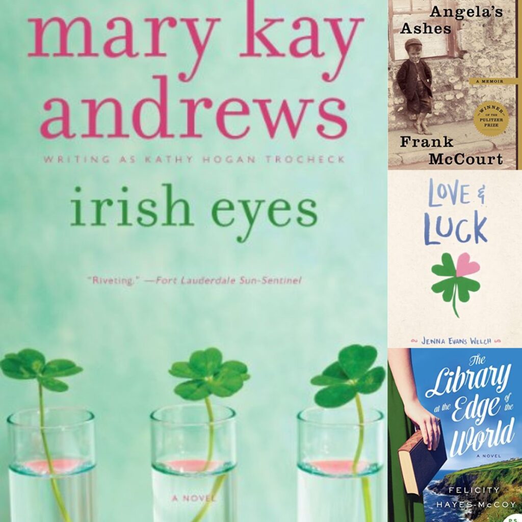 A collage of four Irish books for St. Patrick's Day to read for your book club group. From Historical fiction to romance, fun options for adults.