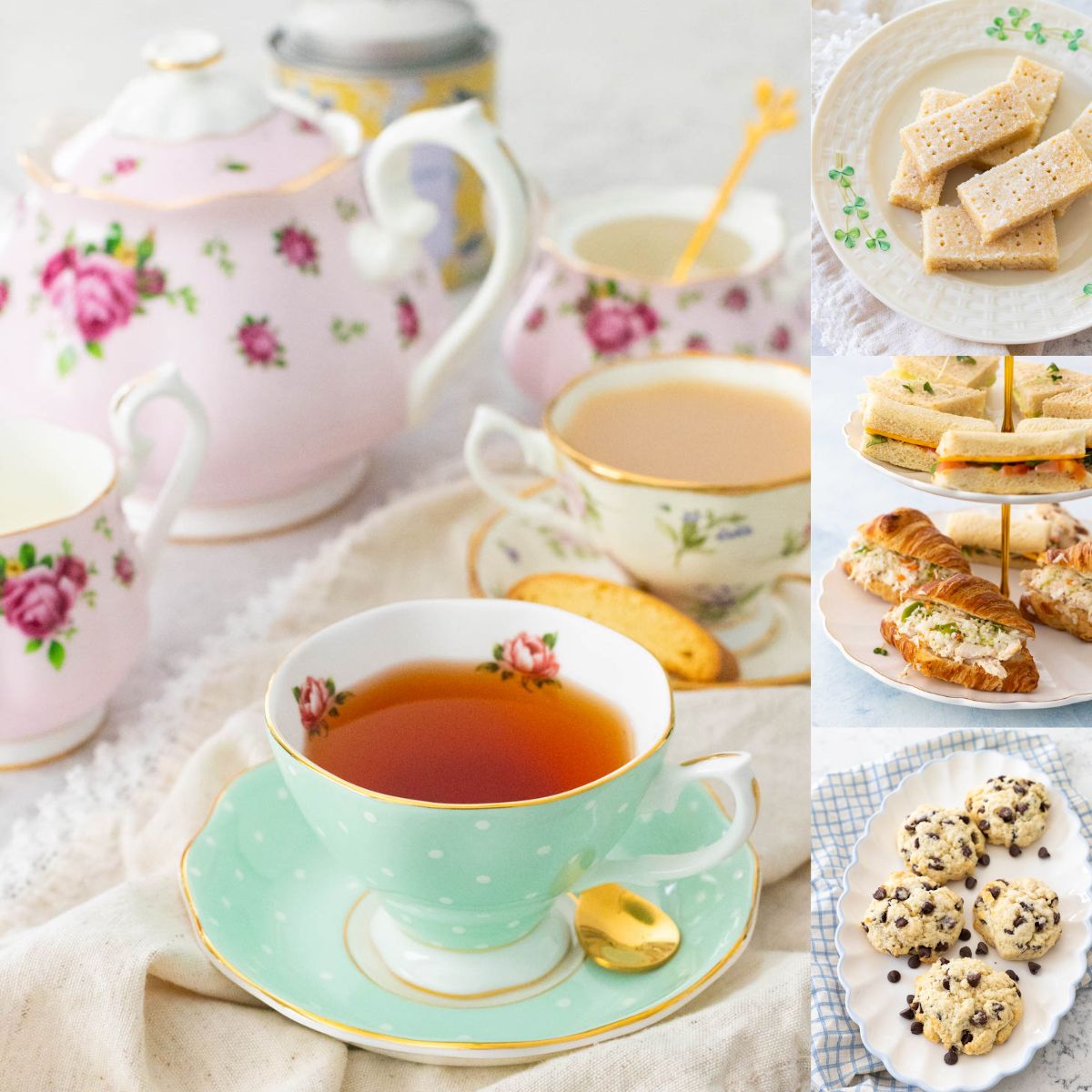 A pot of tea with a poured cup in front is shown alongside 3 tea party recipes.