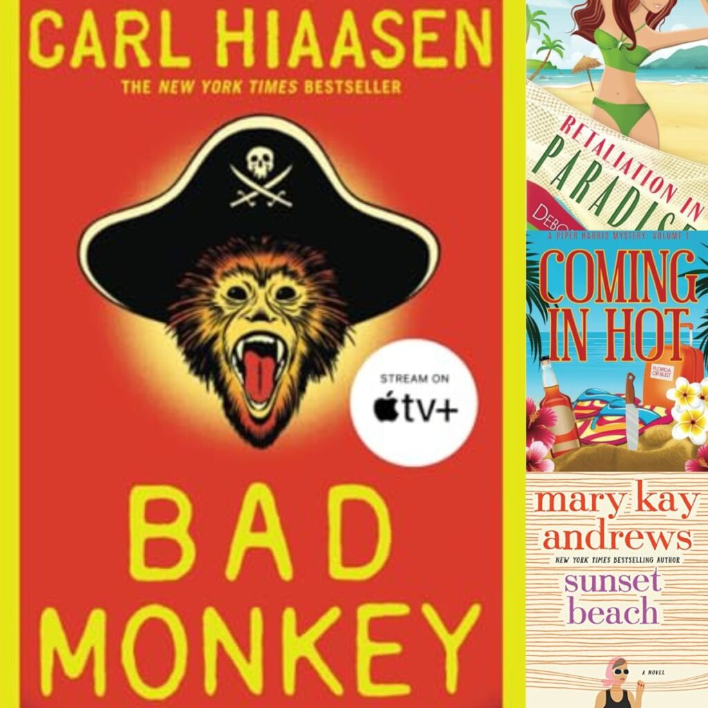 The photo collage shows the cover of the book Bad Monkey next to three more books that are similar.