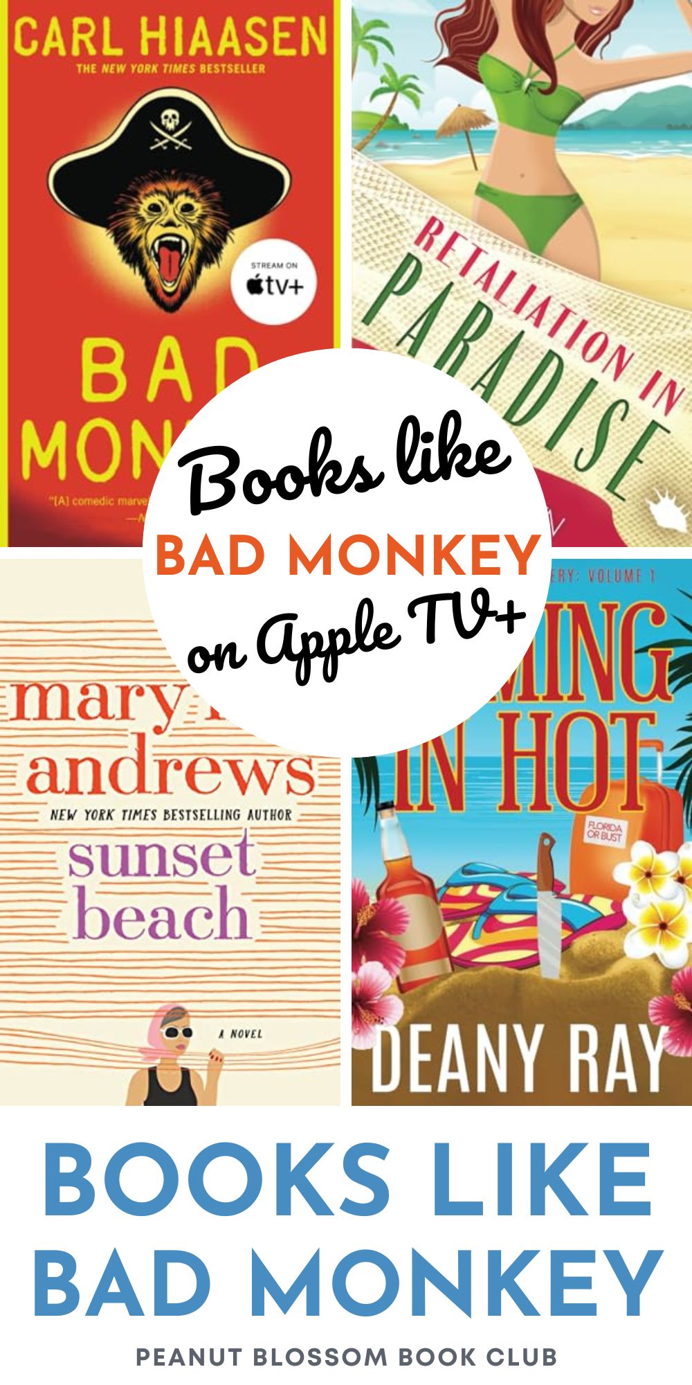 The photo collage shows the cover of the book Bad Monkey next to three more books that are similar.