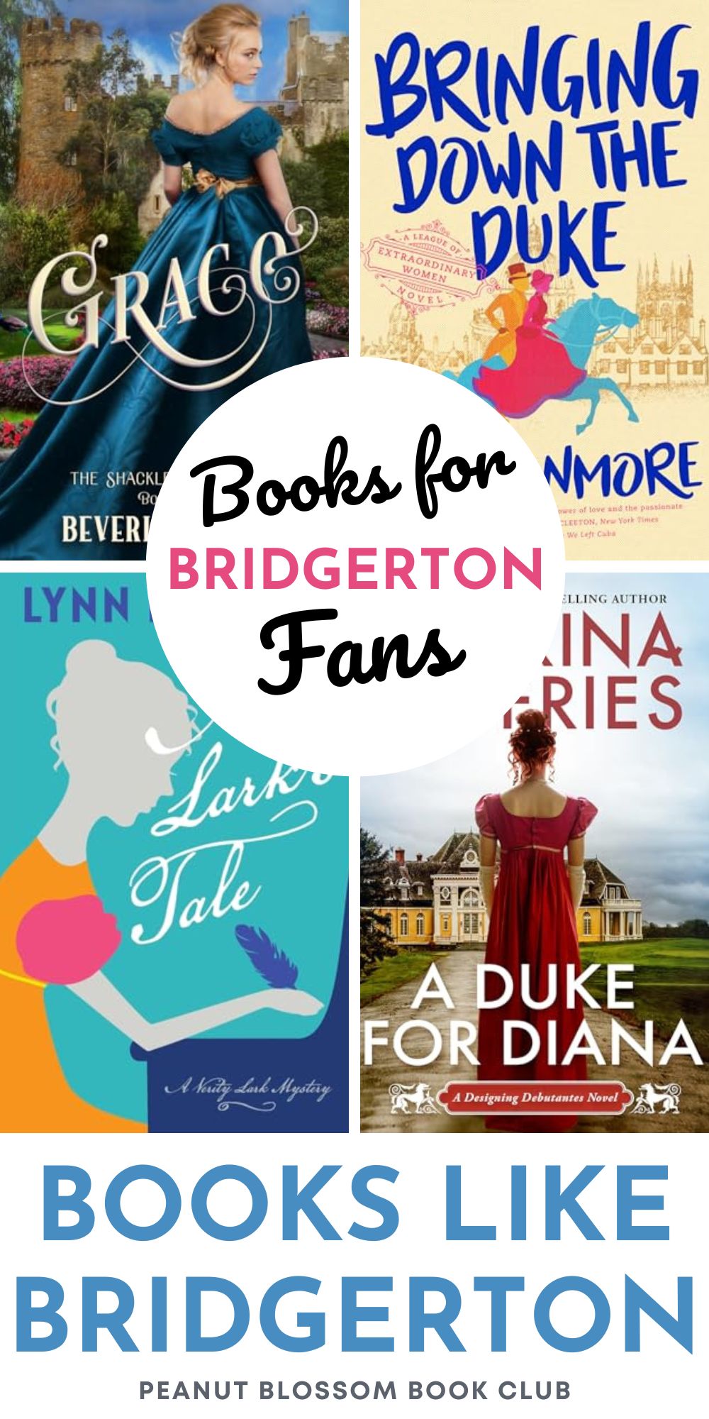 The photo collage shows four book covers similar to Bridgerton.