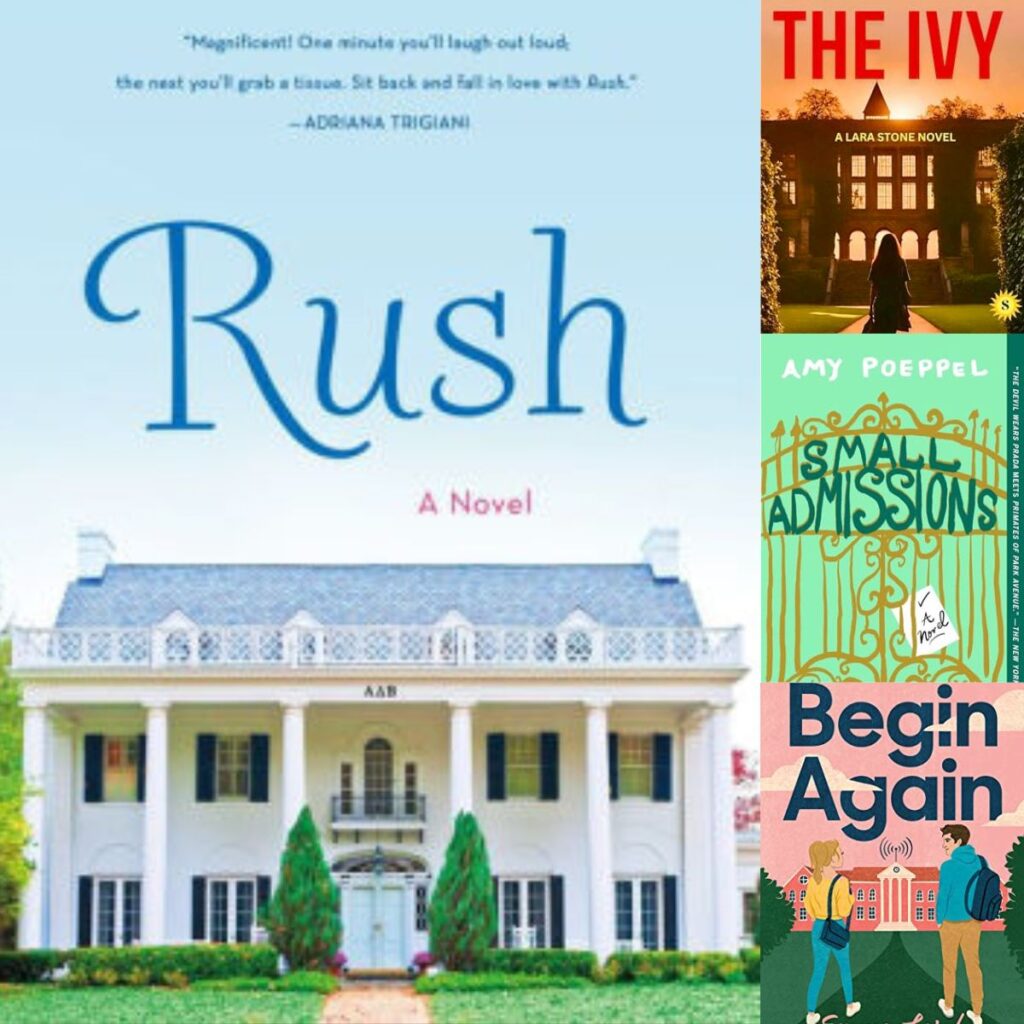 The photo collage shows four book covers that take place in a college setting.