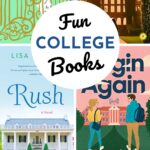 The photo collage shows four book covers for fiction set in college.