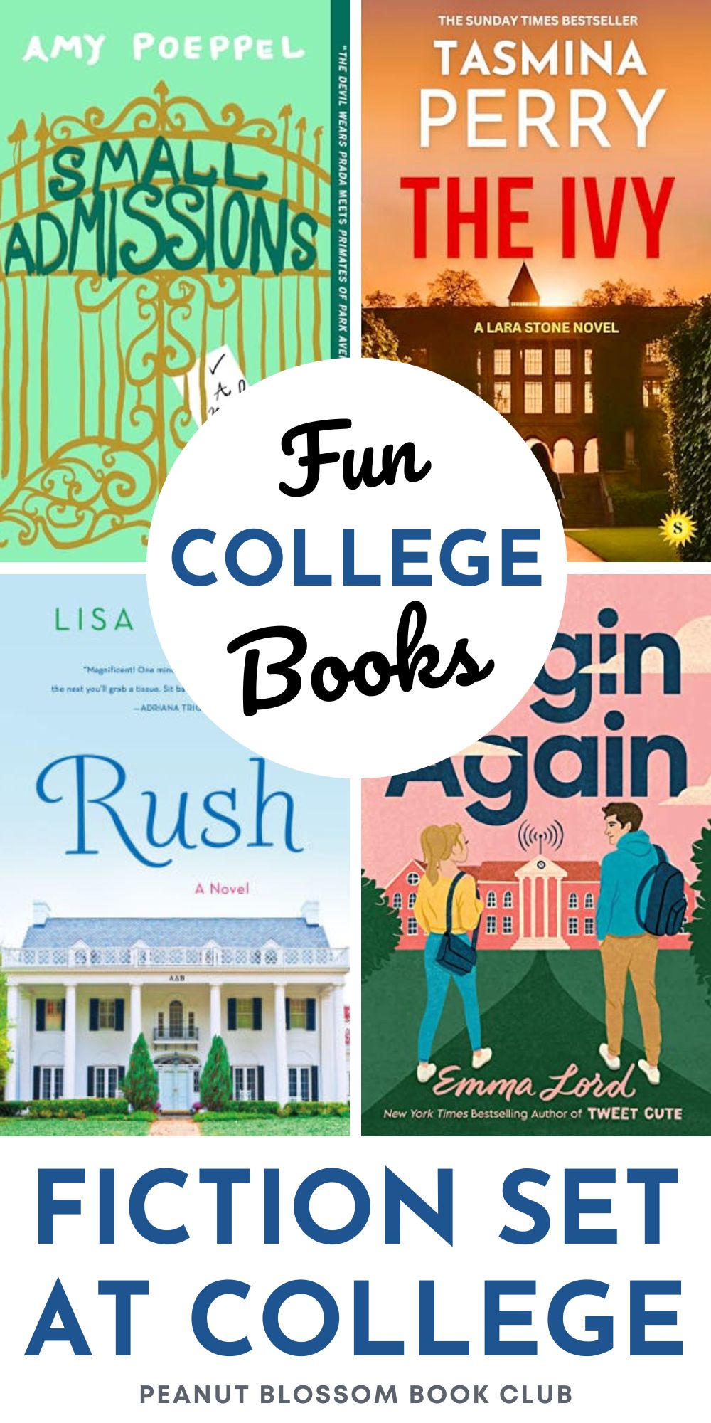 The photo collage shows four book covers for fiction set in college.