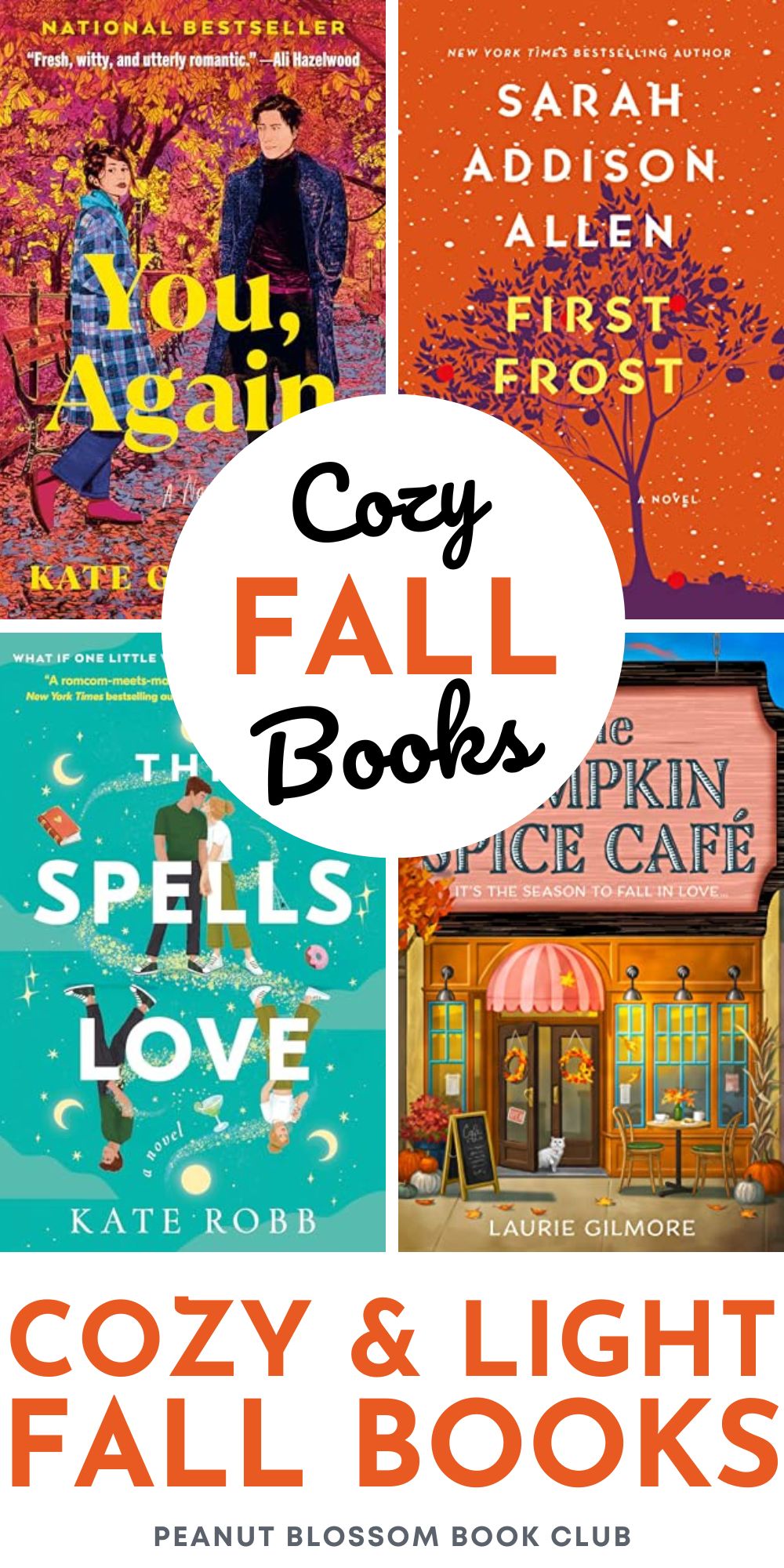 The photo collage shows four books that are perfect for cozy fall reading.