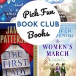 The photo collage shows four fun book covers for a book club pick for election season.