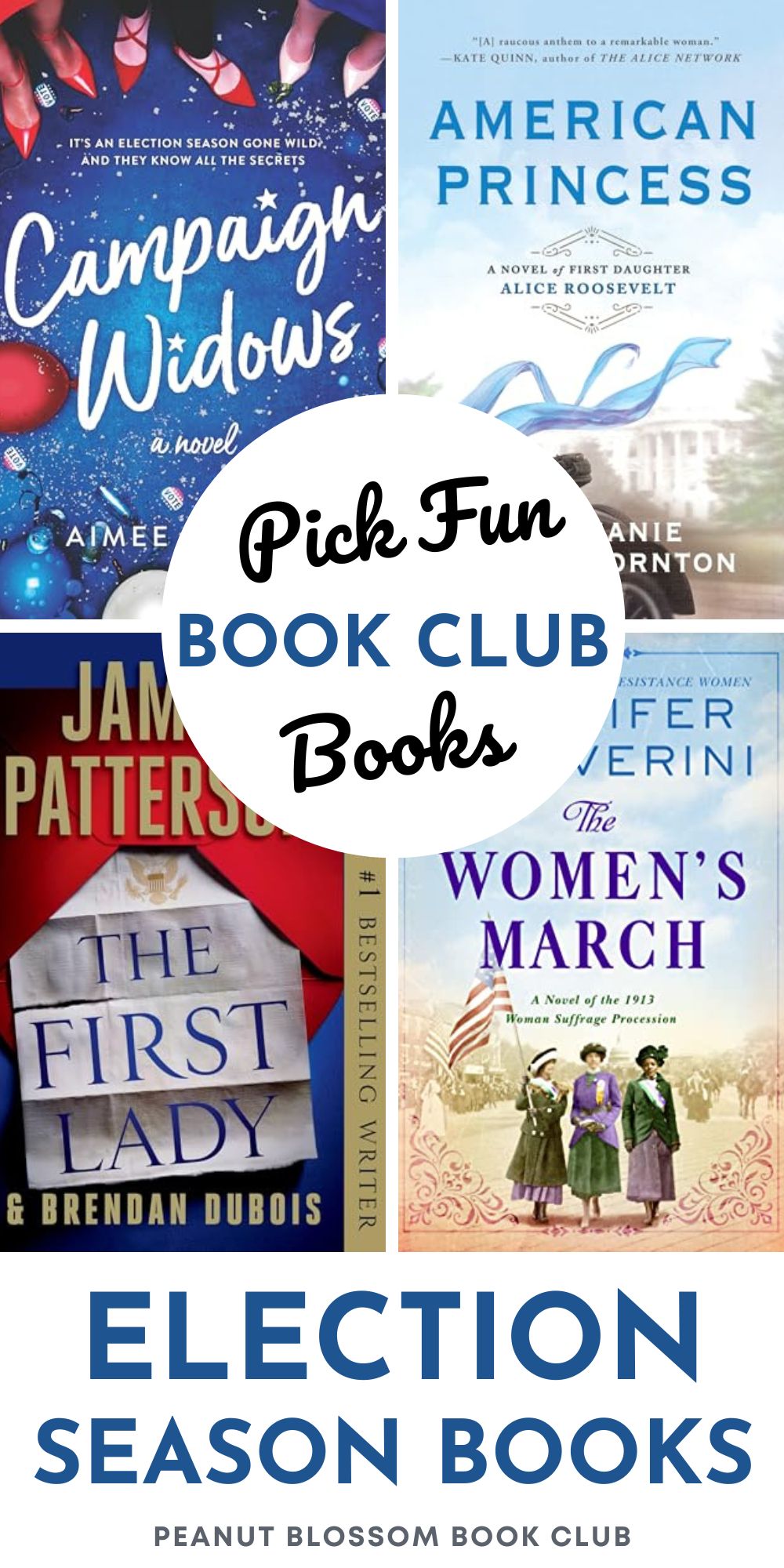 The photo collage shows four fun book covers for a book club pick for election season.