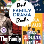 The photo collage shows four book covers about families, siblings, and family drama.