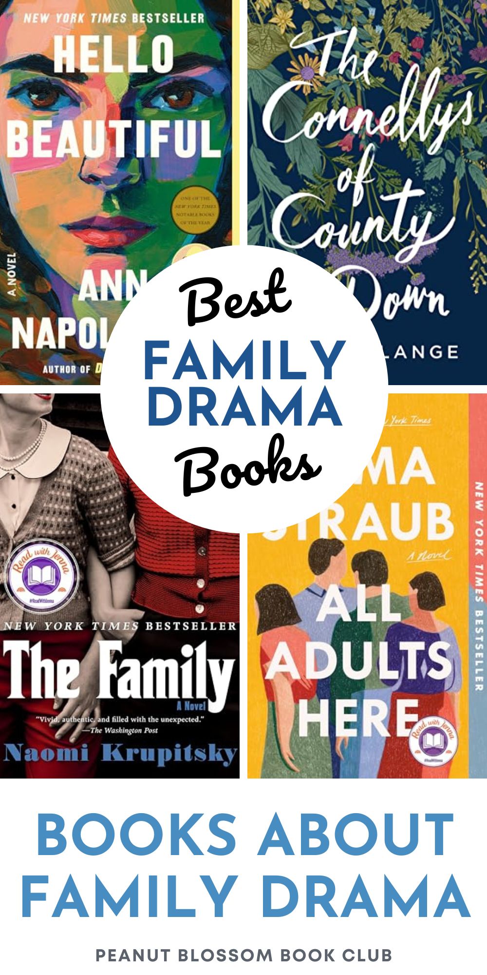 The photo collage shows four book covers about families, siblings, and family drama.