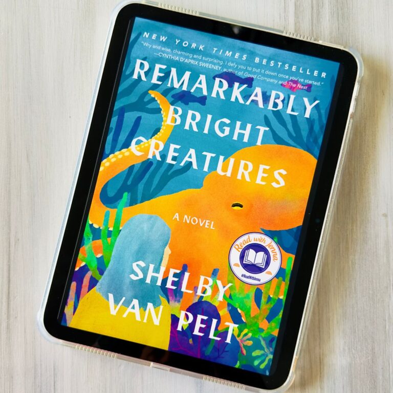 A cover of the book Remarkably Bright Creatures by Shelby Van Pelt is on the screen of an iPad.