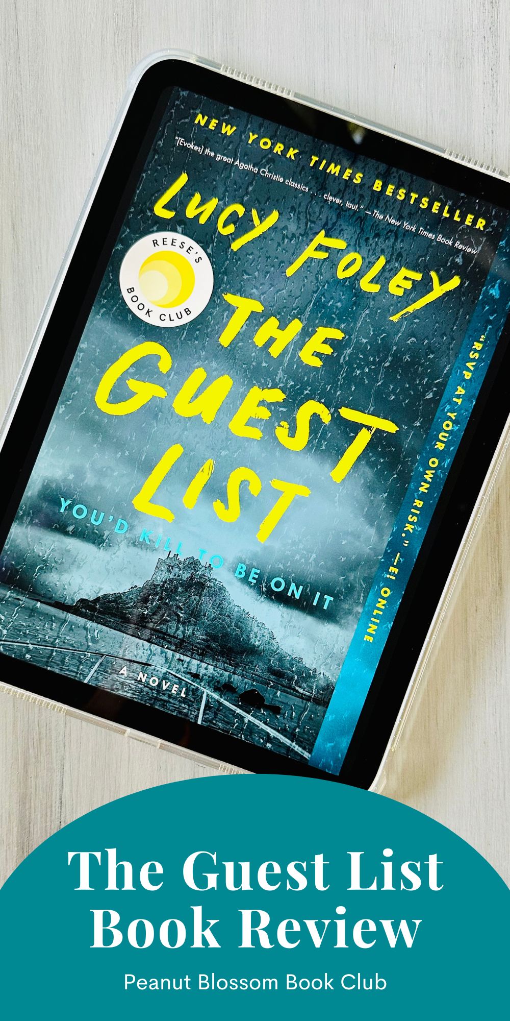 The cover for the book The Guest List by Lucy Foley is on the screen of an ipad.