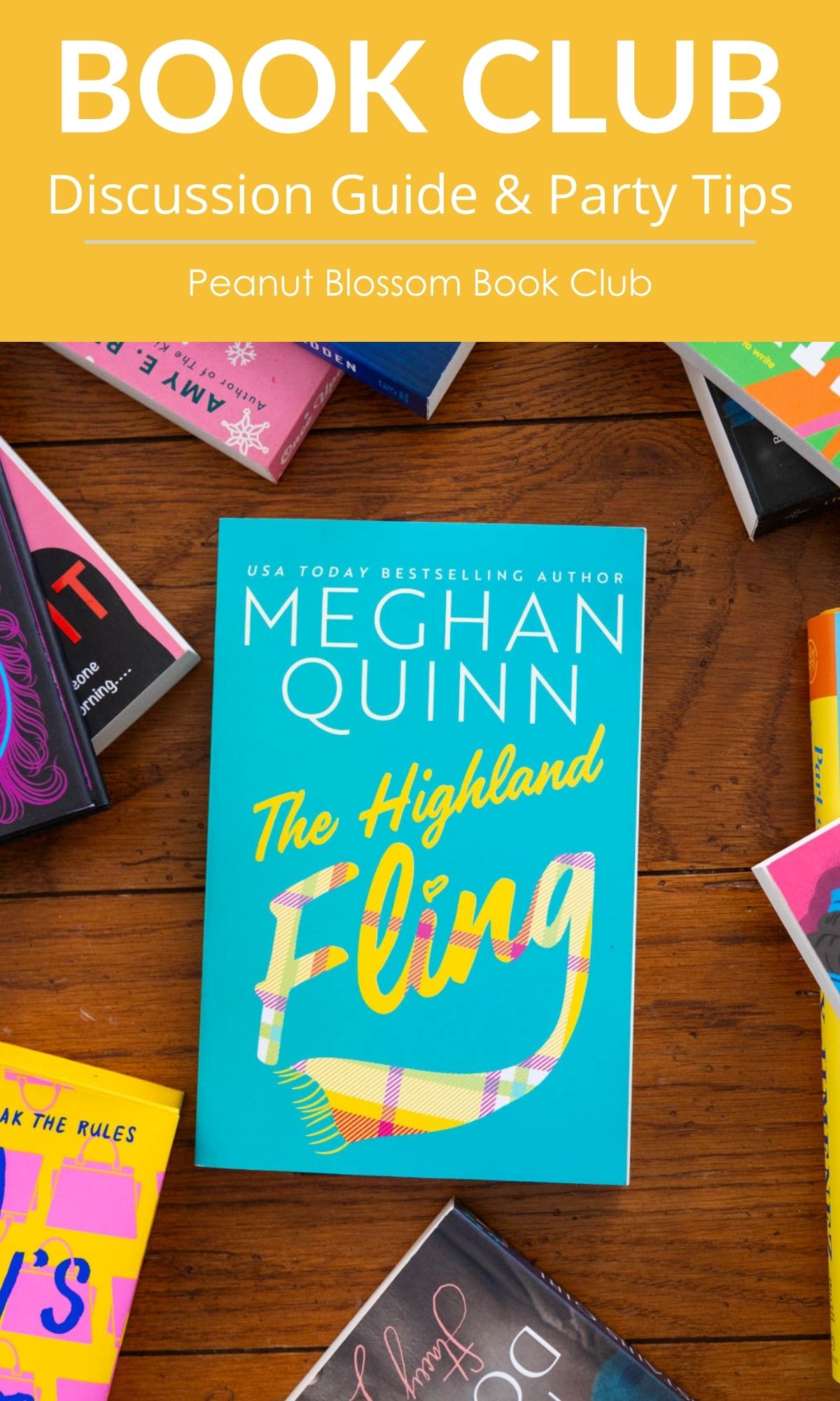 A copy of the book The Highland Fling by Meghan Quinn is on the table.