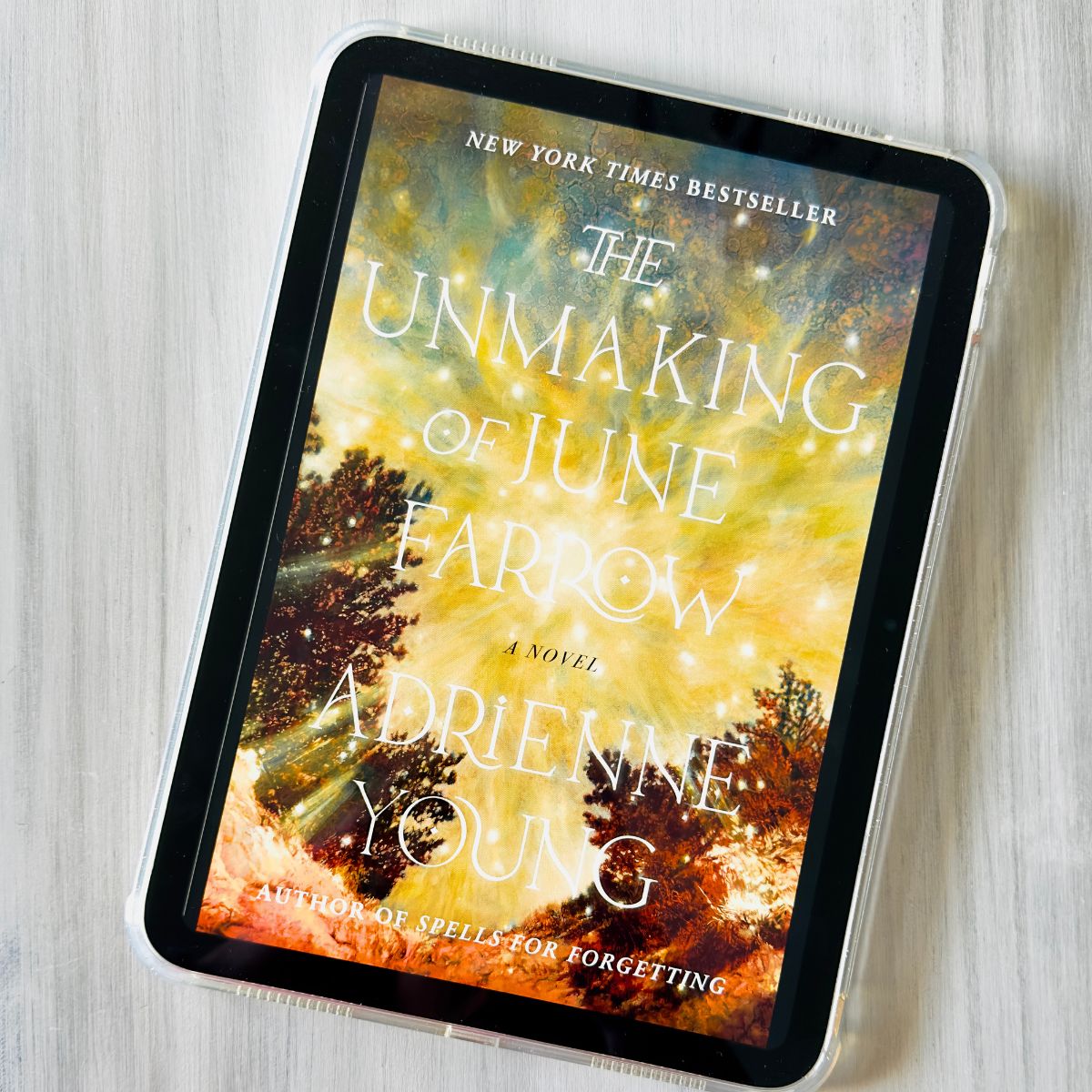 The cover of the book The Unmaking of June Farrow by Adrienne Young is on the screen of an ipad.