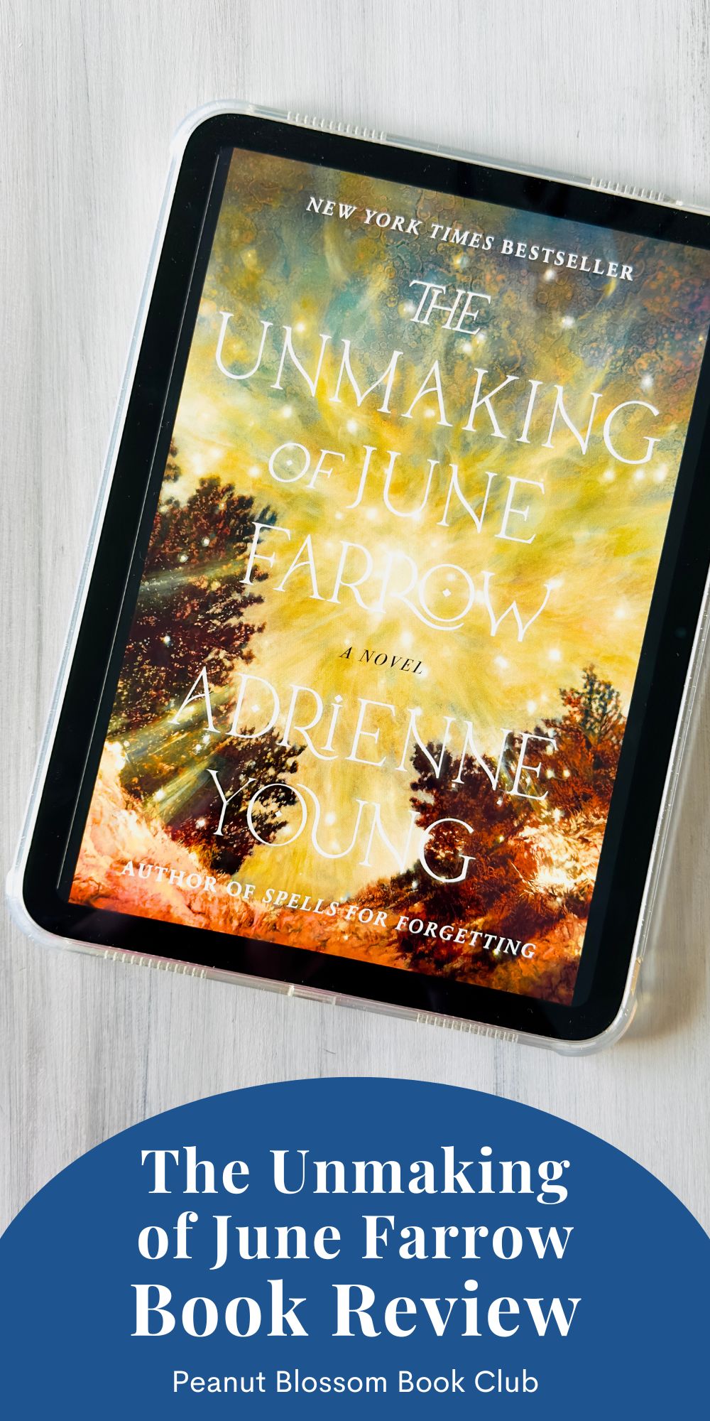 The cover of the book The Unmaking of June Farrow by Adrienne Young is on the screen of an ipad.