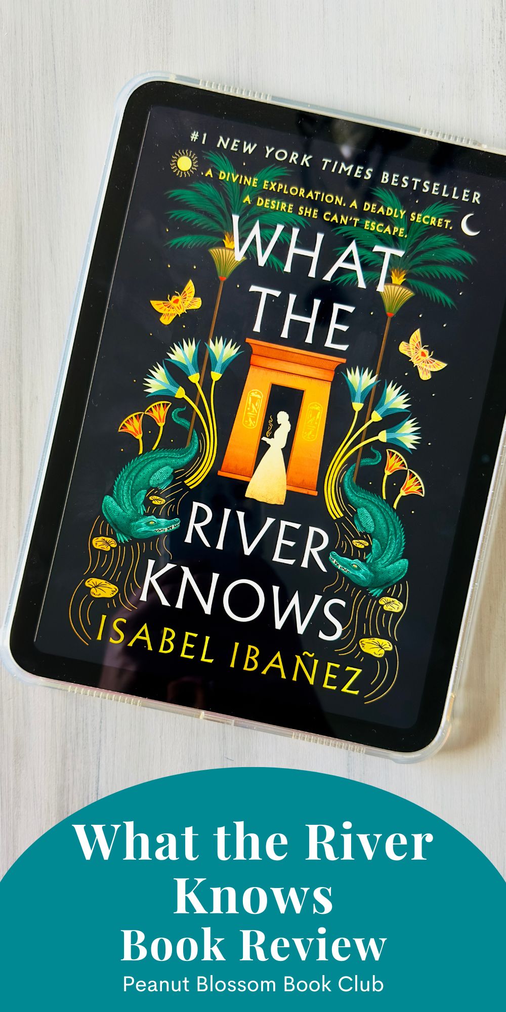 A copy of the book What the River Knows by Isabel Ibañez is on the screen of an iPad.