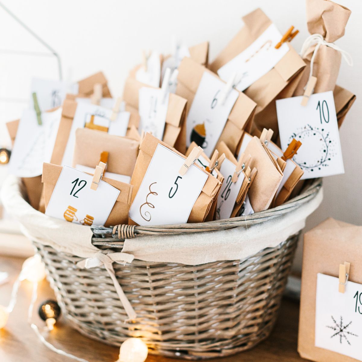 Brown paper packages with numbered card stock attached with clips.