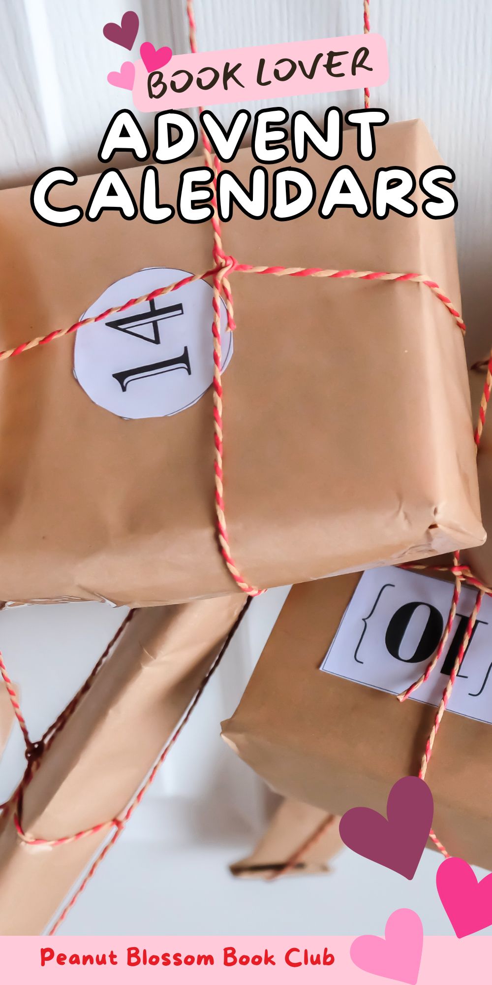 Several brown paper wrapped packages with numbers and tied up with red striped string.