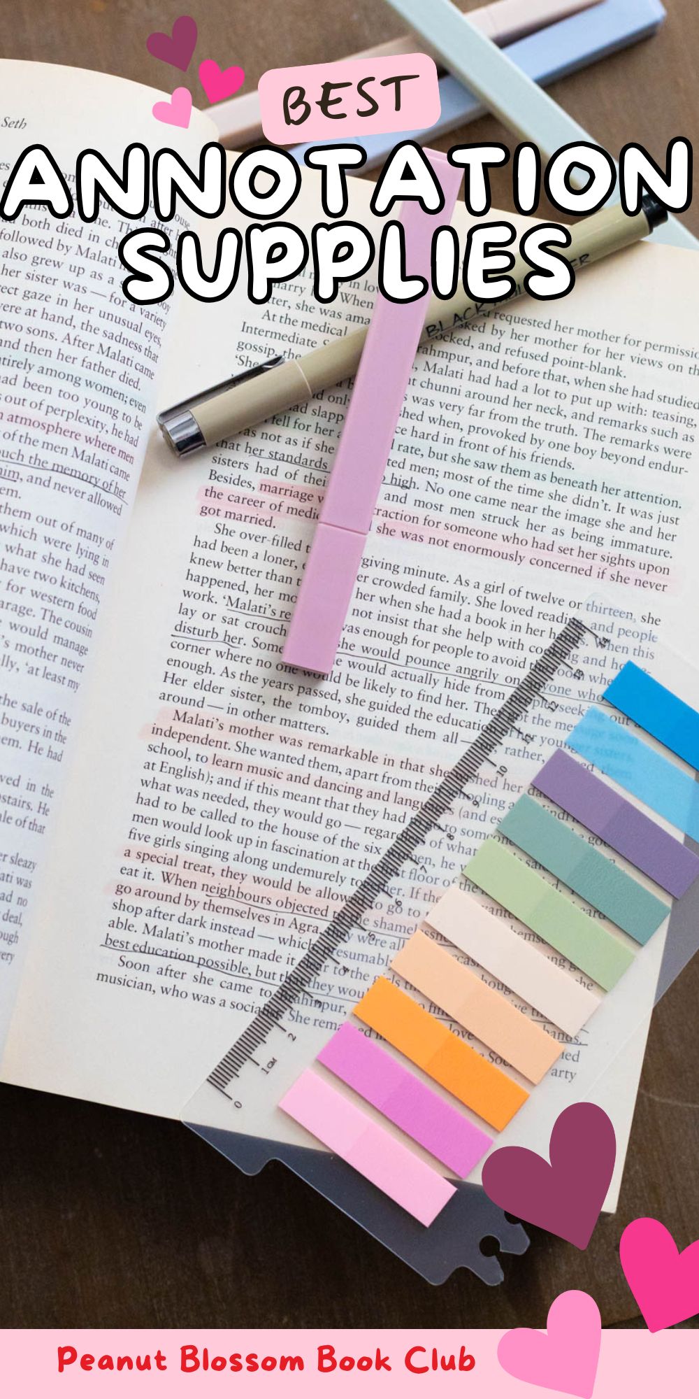 The book is open and has highlighters and colorful sticky tabs sitting on top for an annotating session.