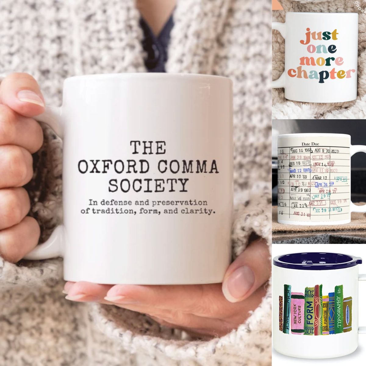 A collage of 4 mugs with designs on them that would appeal to book lovers.