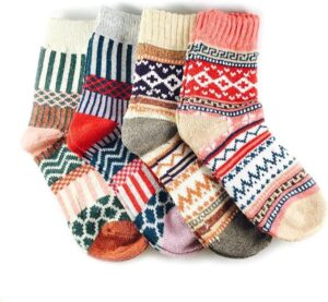 A line up of 4 pairs of argyle socks.