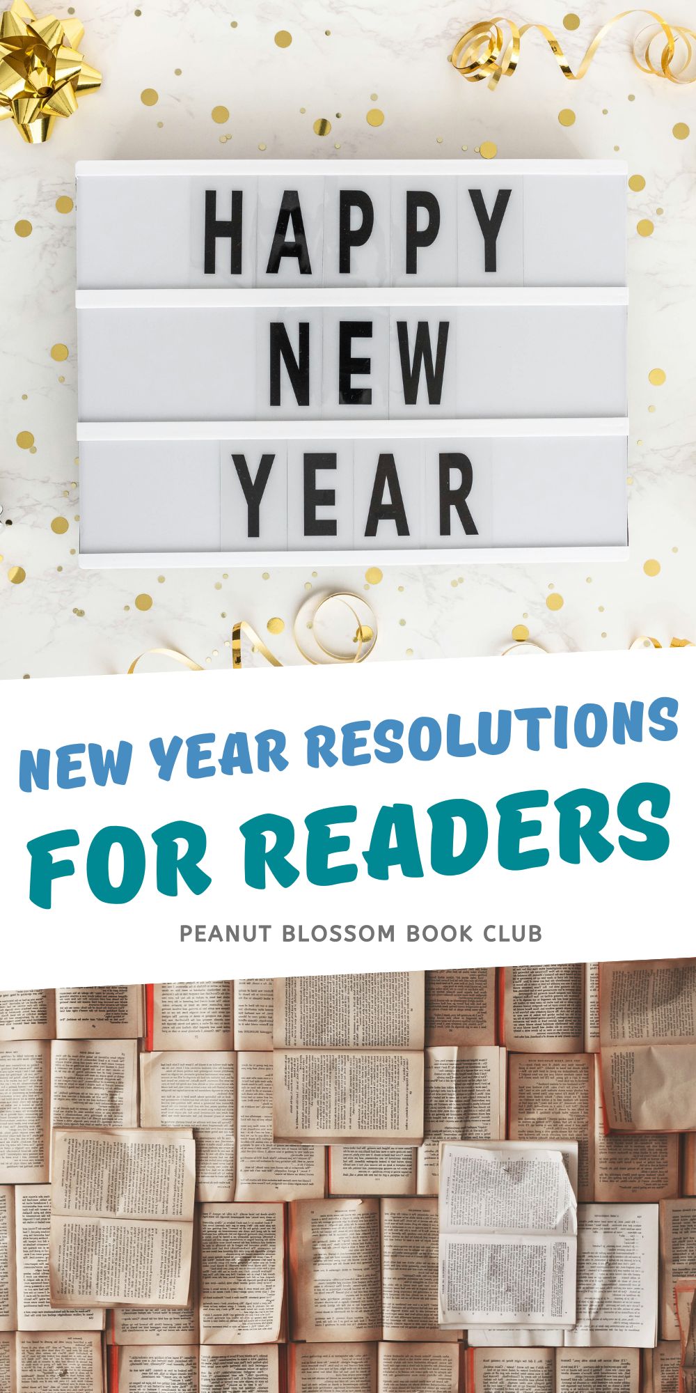 The photo collage shows a "happy new year" sign next to a photo of open books.