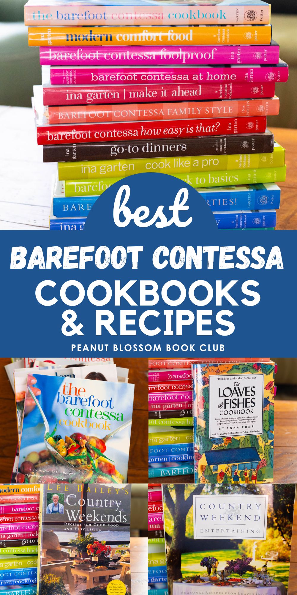 All the Ina Garten cookbooks are in a stack next to several books she recommends.