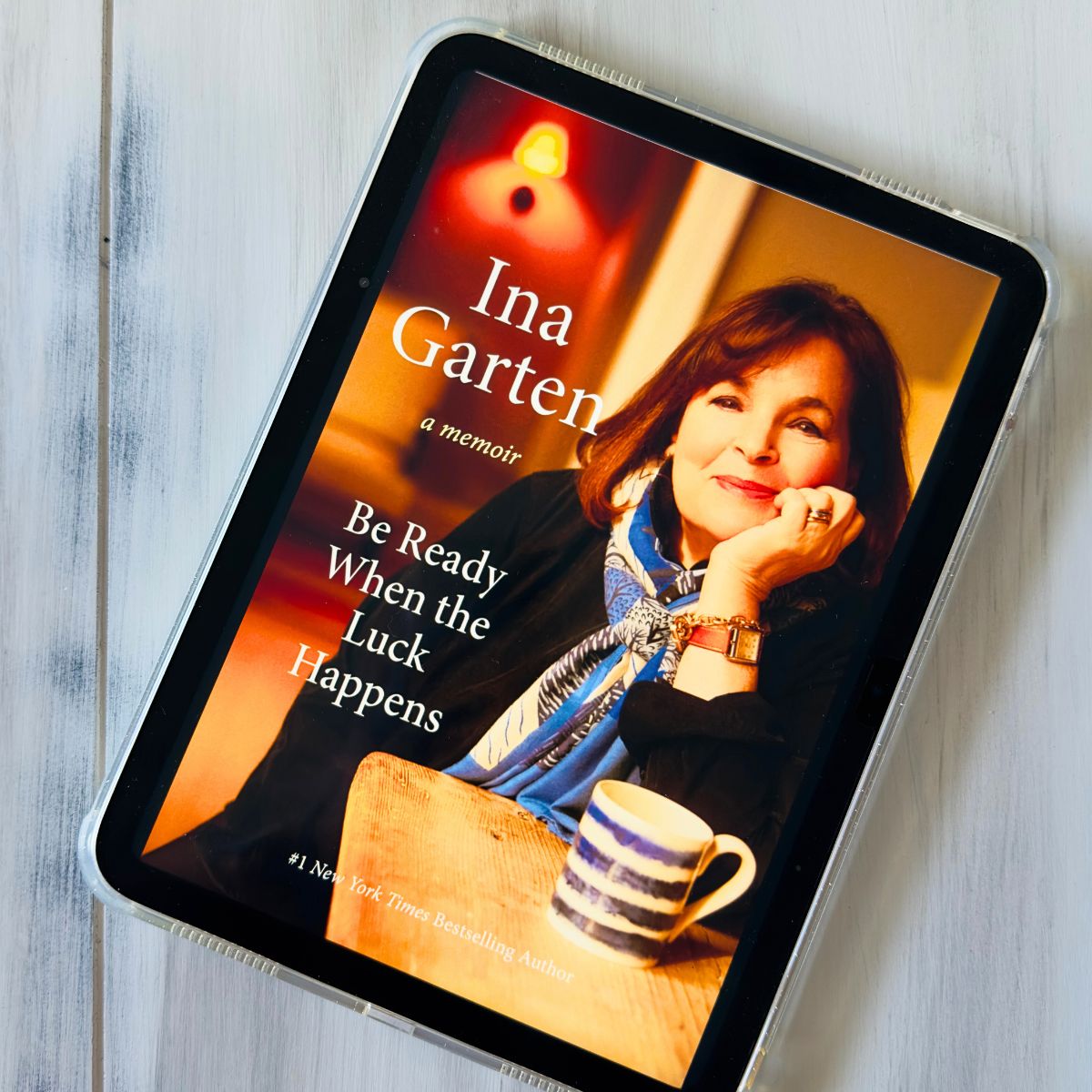 The cover of the book Be Ready When the Luck Happens by Ina Garten is on the screen of an iPad.