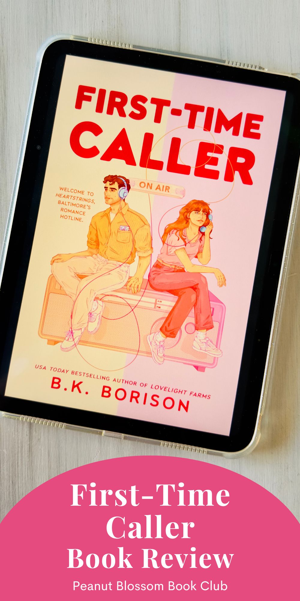 The cover of First-Time Caller by B.K. Borison is on the screen of an iPad.