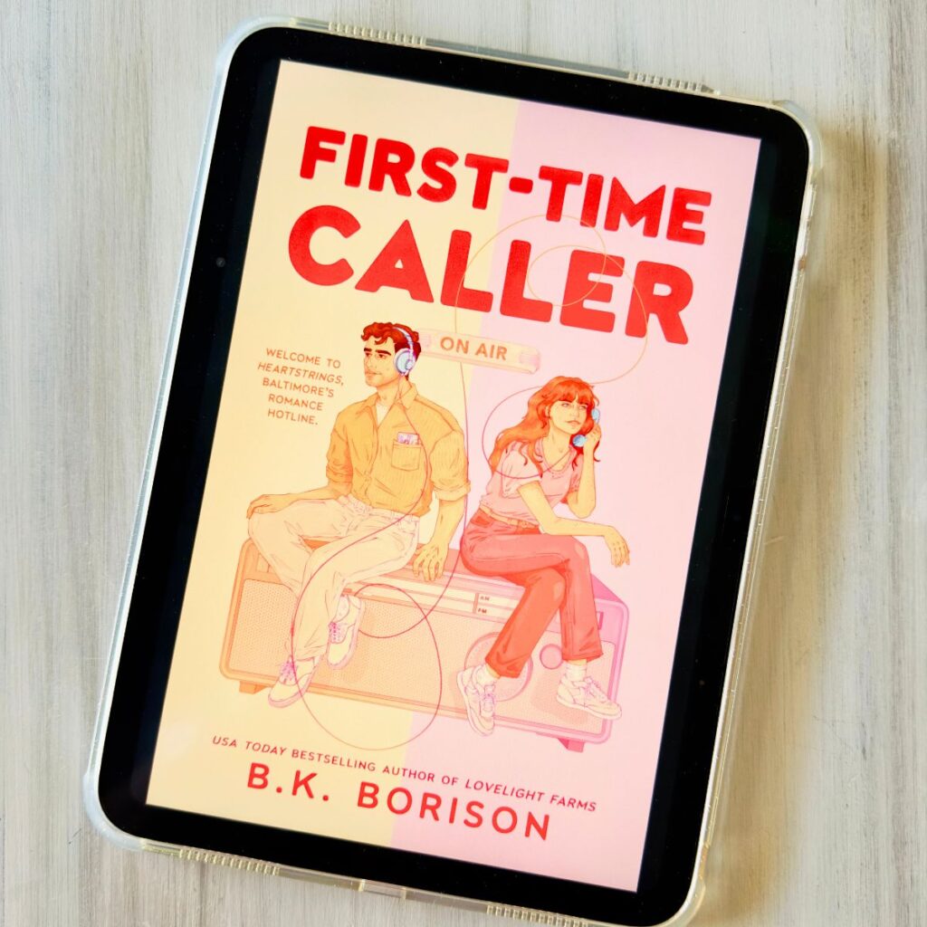 The cover of First-Time Caller by B.K. Borison is on the screen of an iPad.