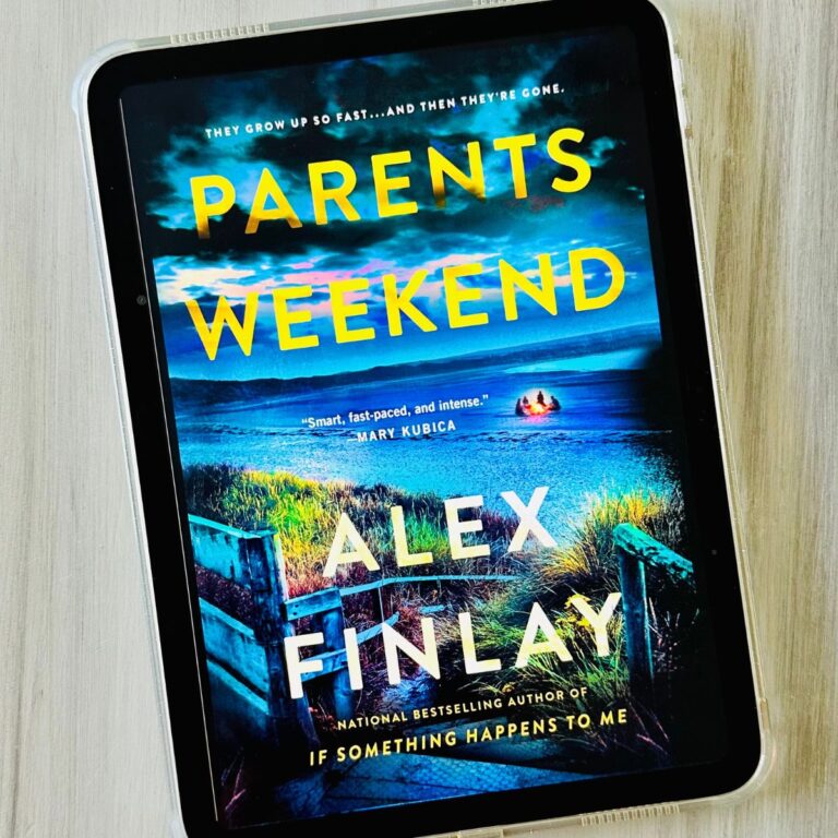 The book cover of Parents Weekend by Alex Finlay is on the screen of an iPad.