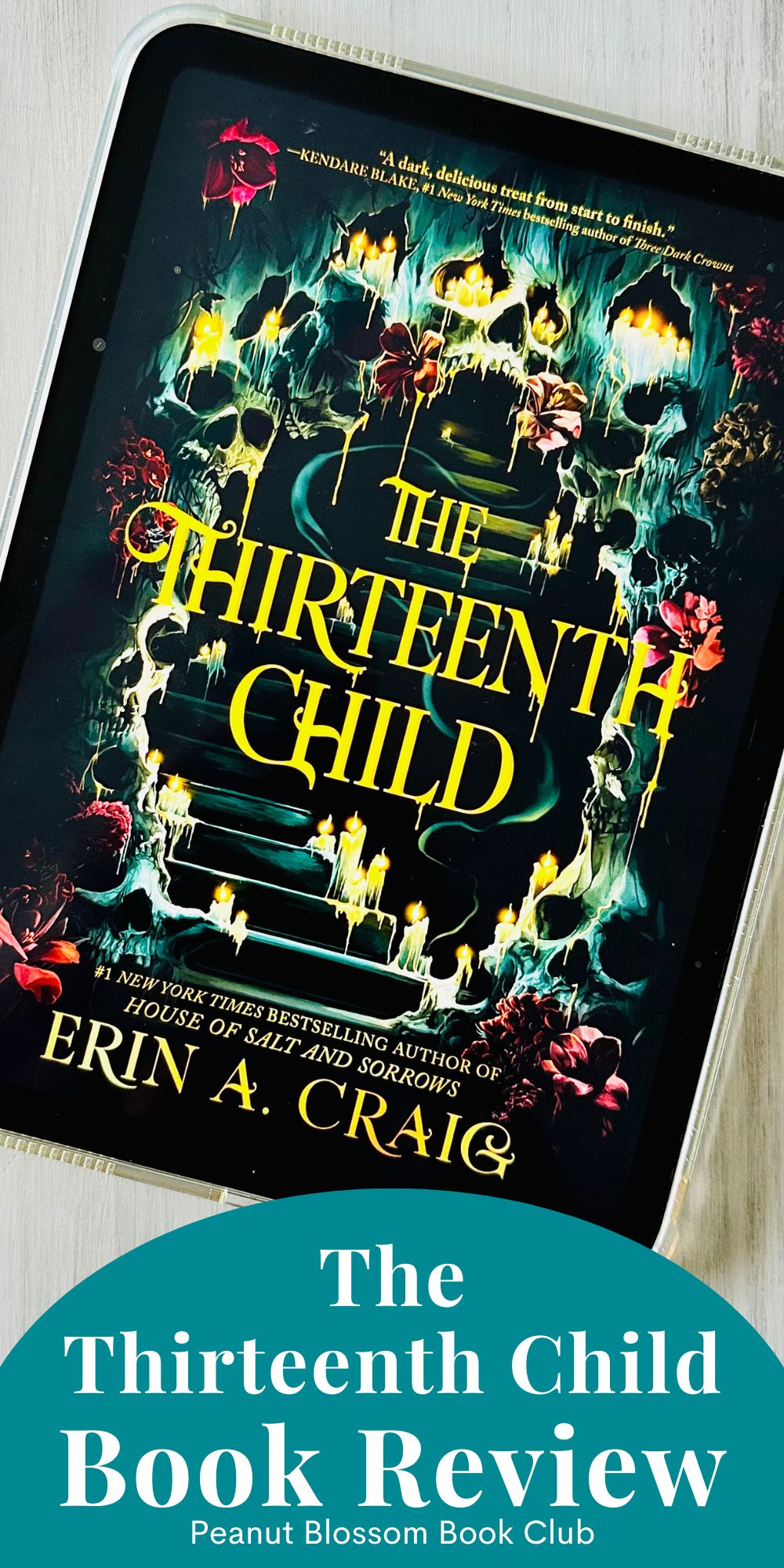 The cover of the book The Thirteenth Child by Erin A. Craig is on the ipad screen