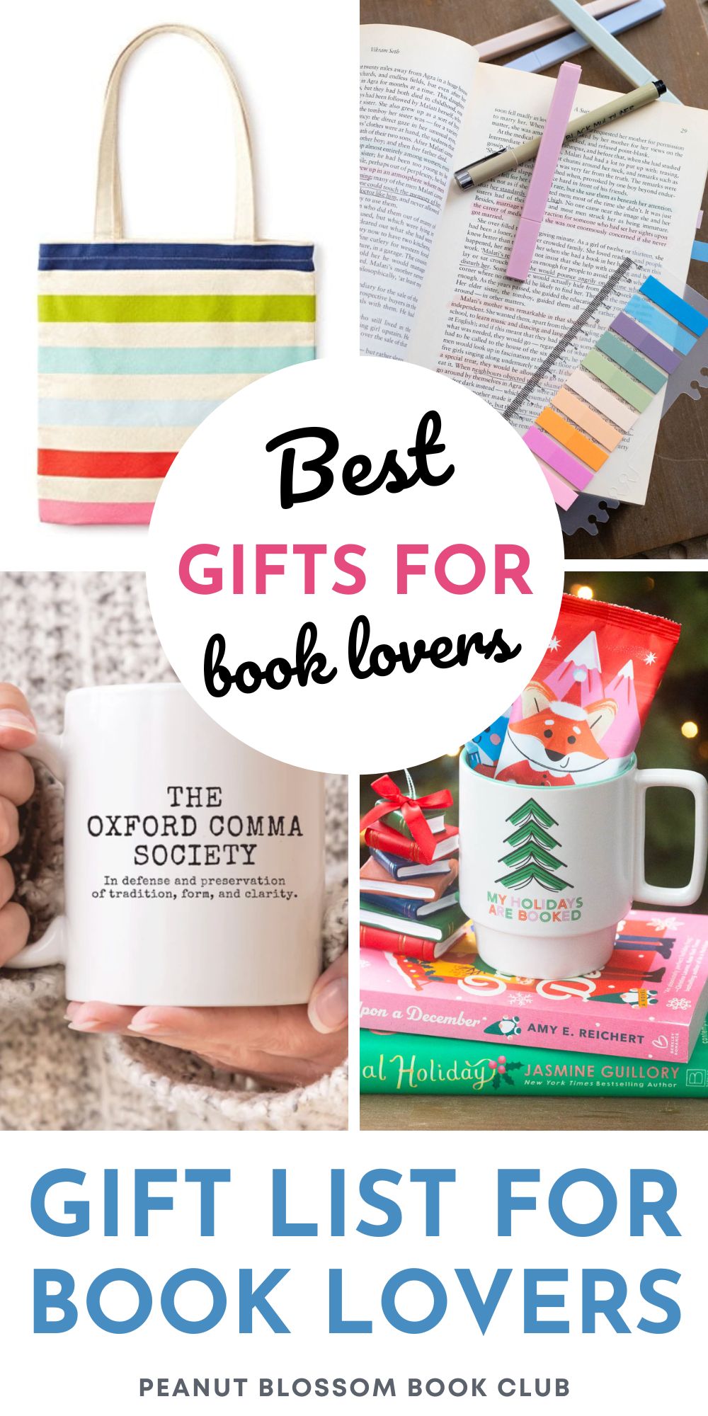 A photo collage shows several thoughtful gift ideas to give to people who love to read.